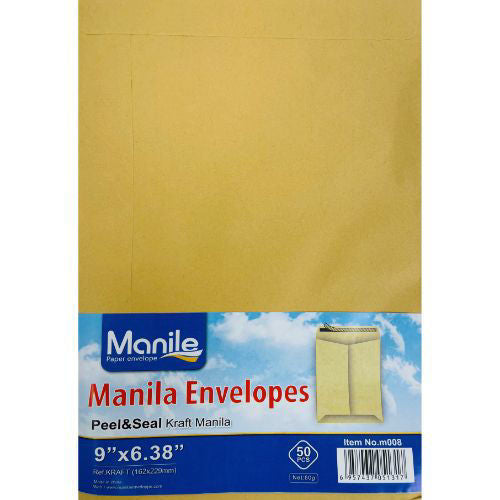 Manila Envelopes Peel & Seal 9" x 6.38" 50 Pcs