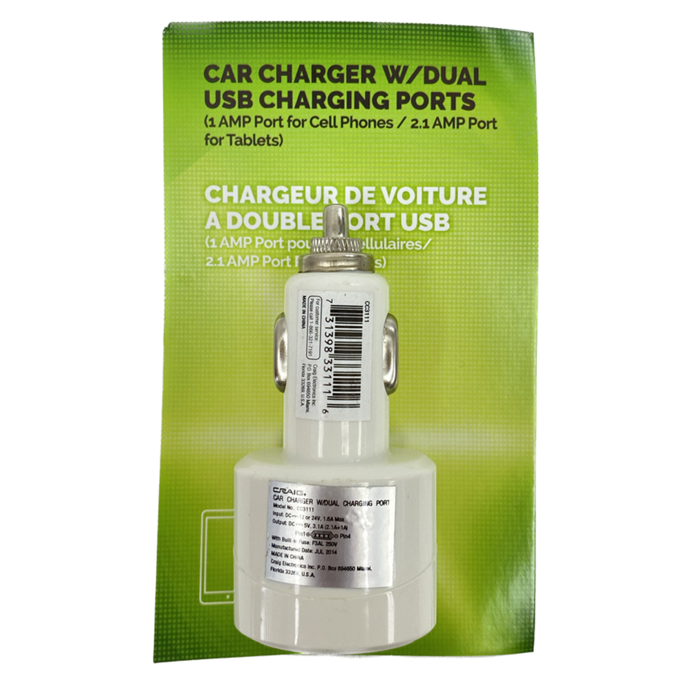 Craig Car Charger W/dual Port 2.1a/1a