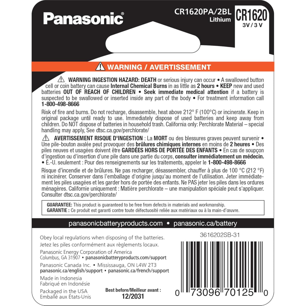 Panasonic Lithium cr1620 2pcs [Exp: 2031]