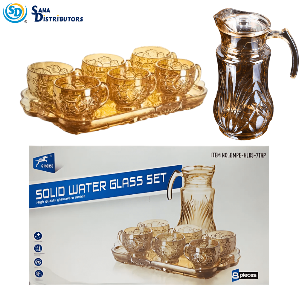 Glass Jug & Cup Set 8pcs 9"x3"x15"