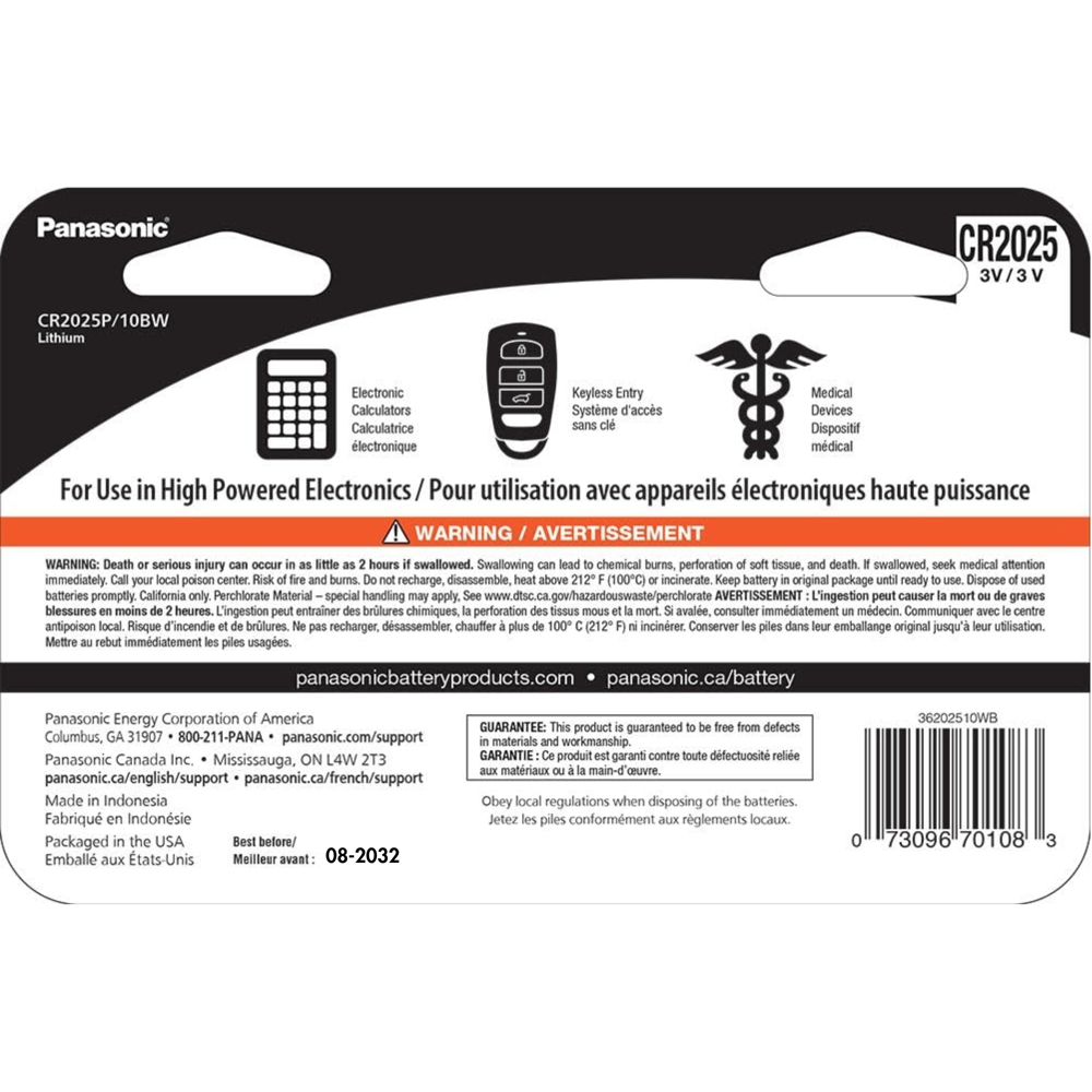 Panasonic Lithium cr2025-10 Battery [Exp: 2031]