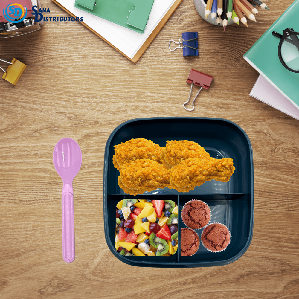 Plastic Lunch Box with Spoon - Assorted Colours [5" x 5" x 3"]