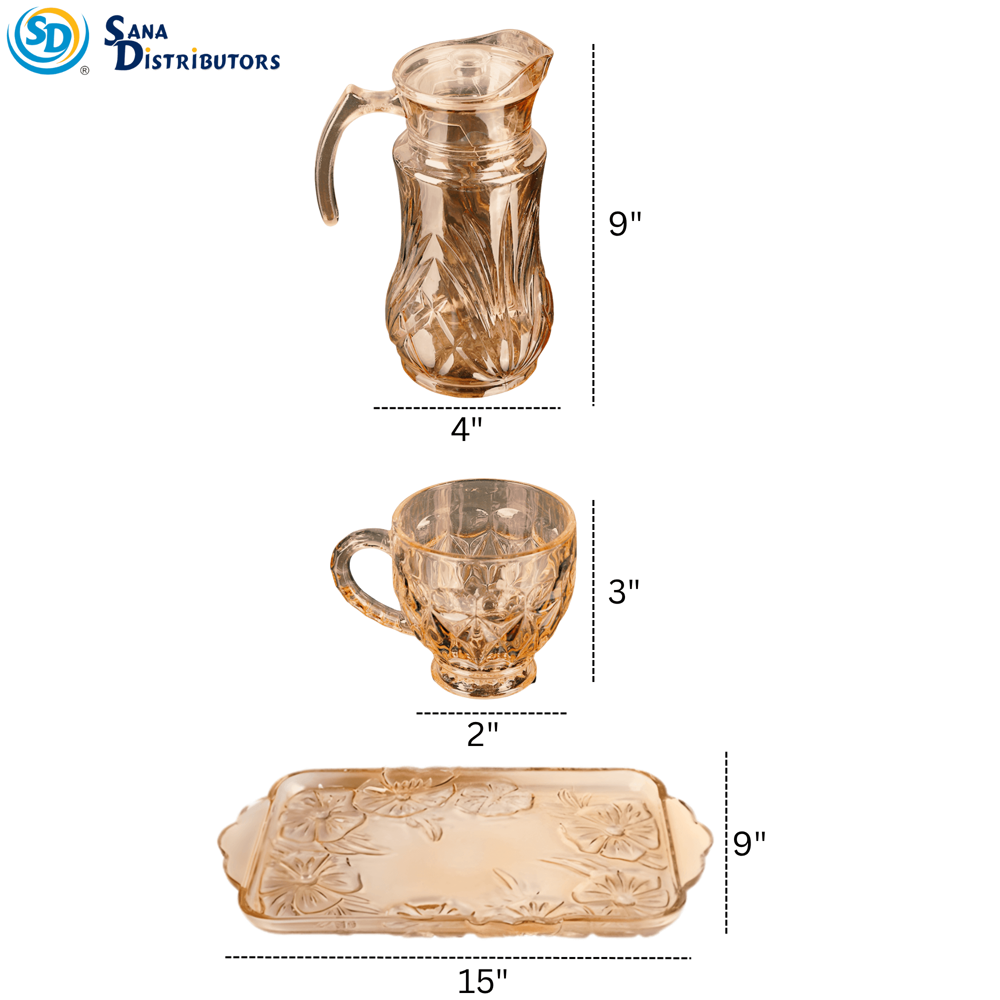 Glass Jug & Cup Set 8pcs 9"x3"x15"