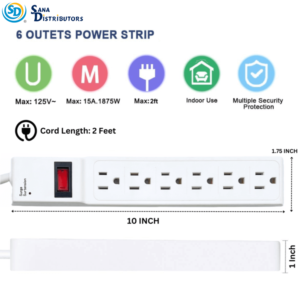 Sd Power Strip with Dual USB 6 Oulets 2ft