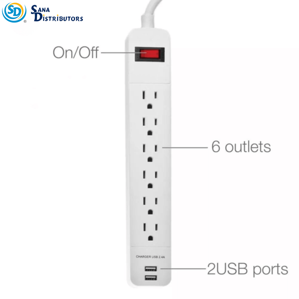 Sd Power Strip with Dual USB 6 Oulets 2ft
