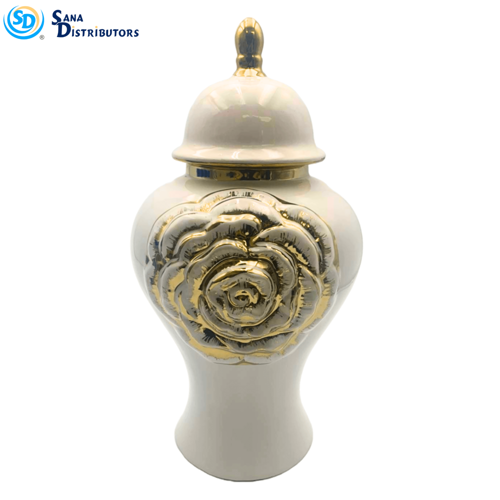Ceramic Vase with Lid Flower- Gold