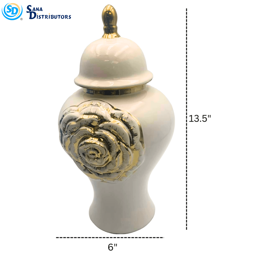 Ceramic Vase with Lid Flower- Gold