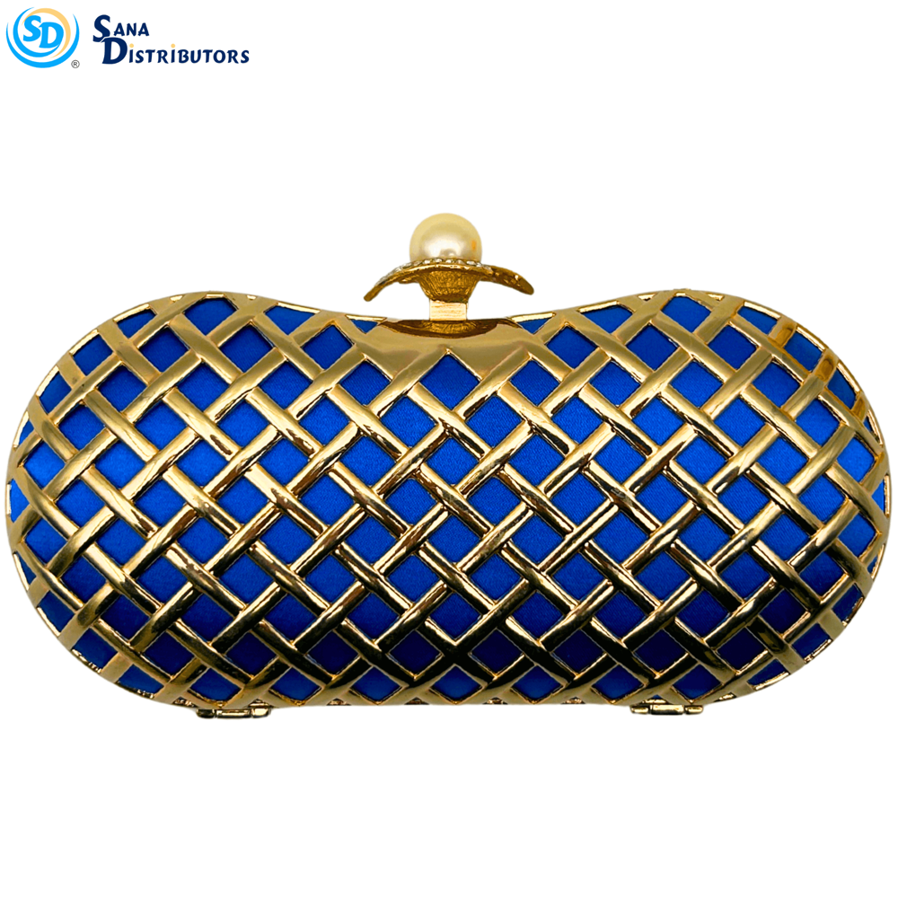 Womens Clutch W/ Chain Strap - Blue & Gold