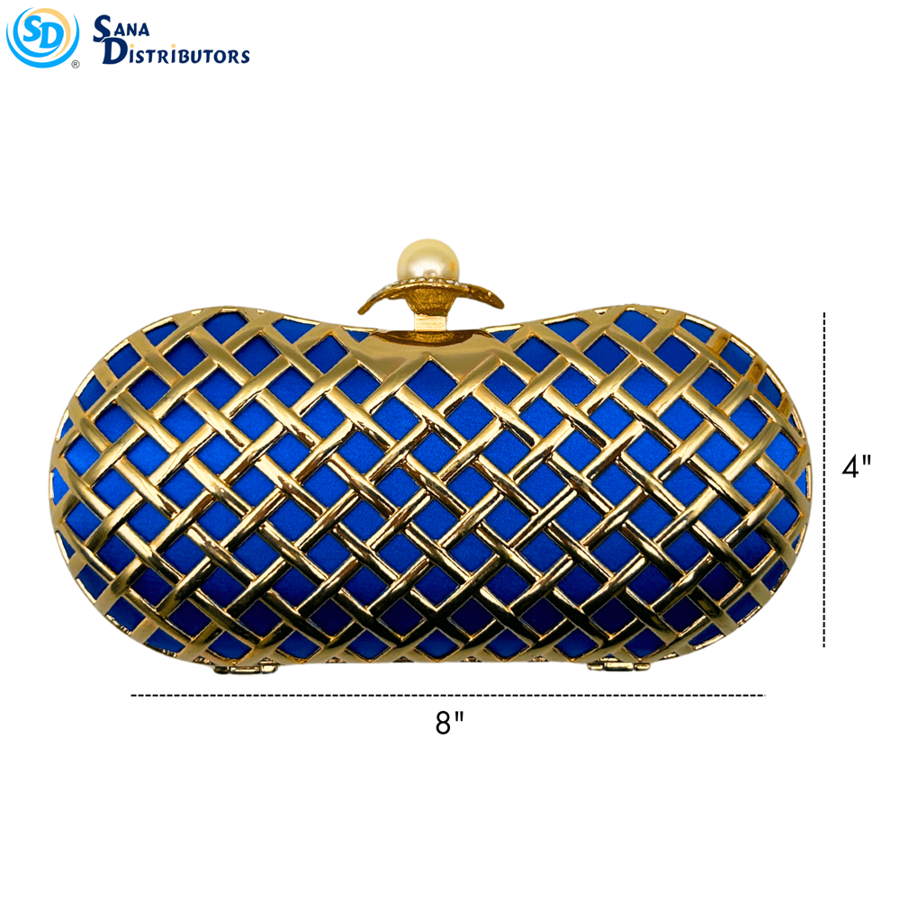 Womens Clutch W/ Chain Strap - Blue & Gold