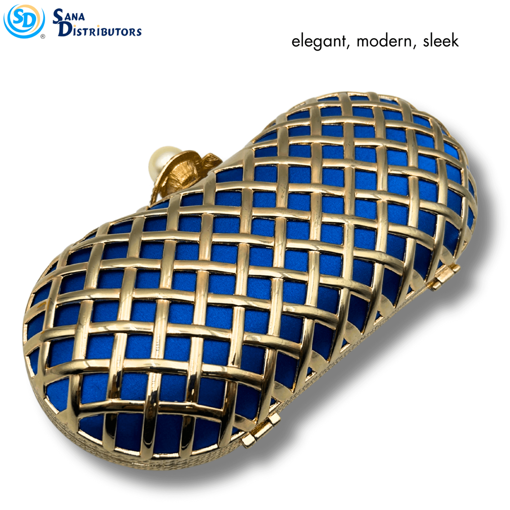 Womens Clutch W/ Chain Strap - Blue & Gold