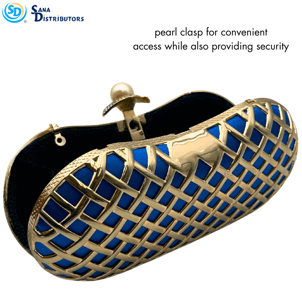 Womens Clutch W/ Chain Strap - Blue & Gold