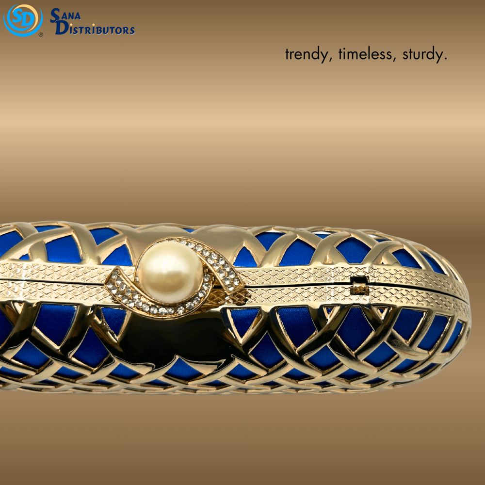 Womens Clutch W/ Chain Strap - Blue & Gold