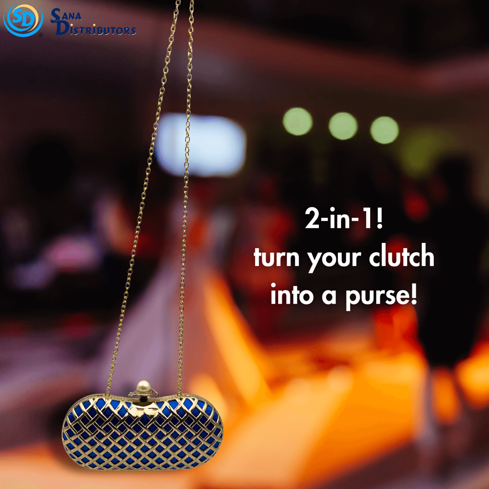 Womens Clutch W/ Chain Strap - Blue & Gold