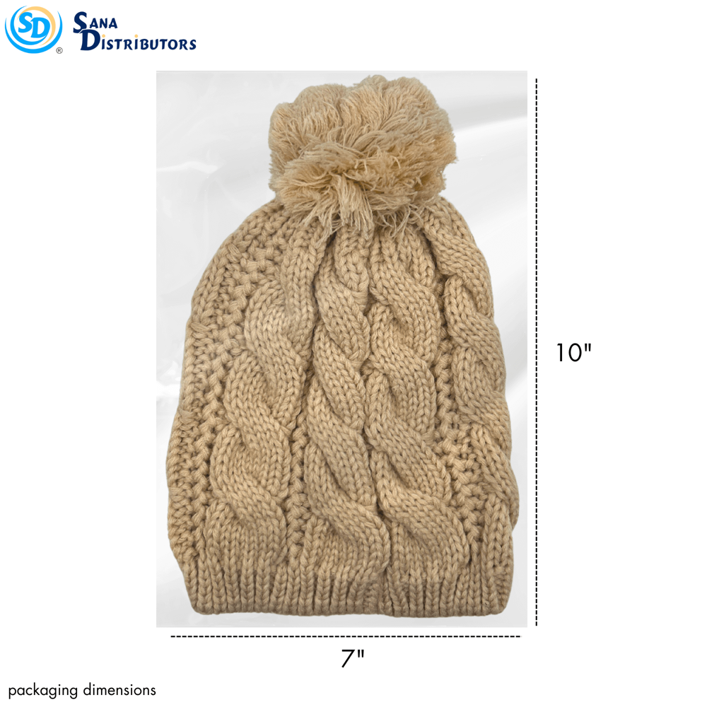 Ladies Hat W/ Pompom – Cable Knit – Assorted Colours