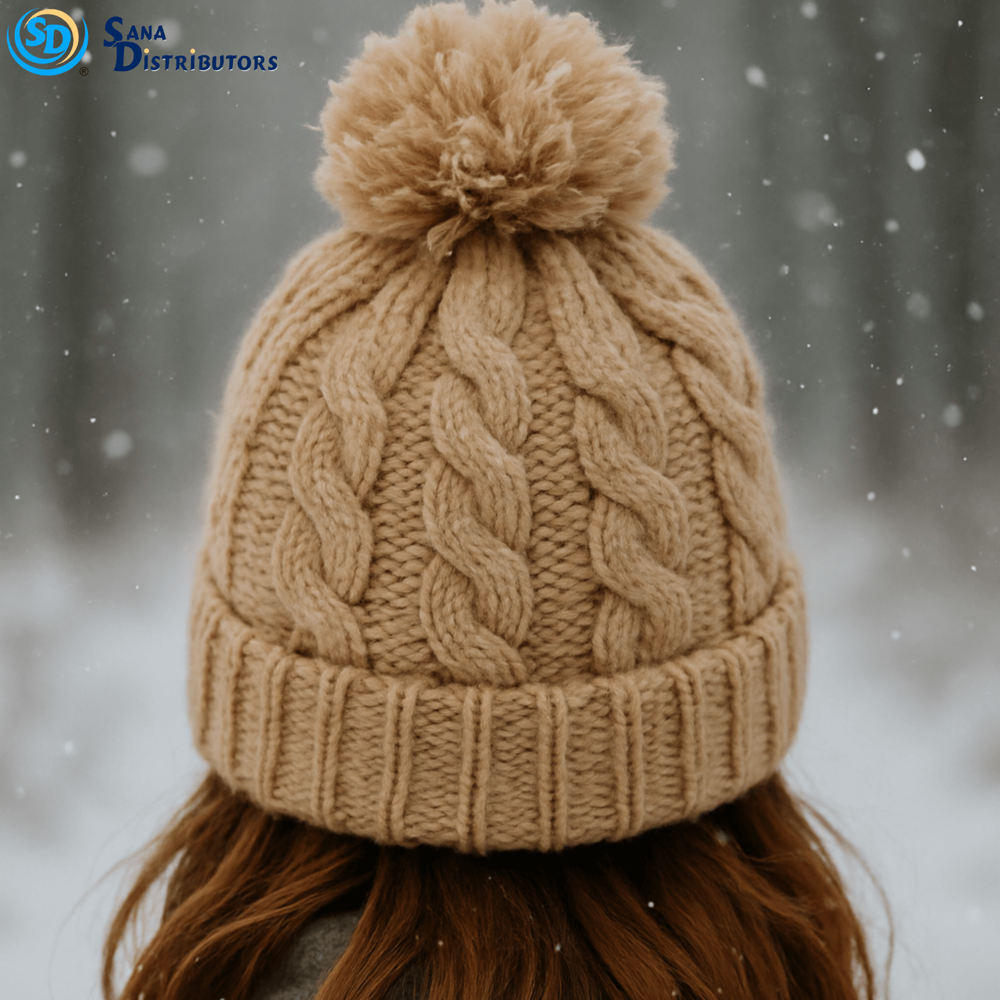 Ladies Hat W/ Pompom – Cable Knit – Assorted Colours