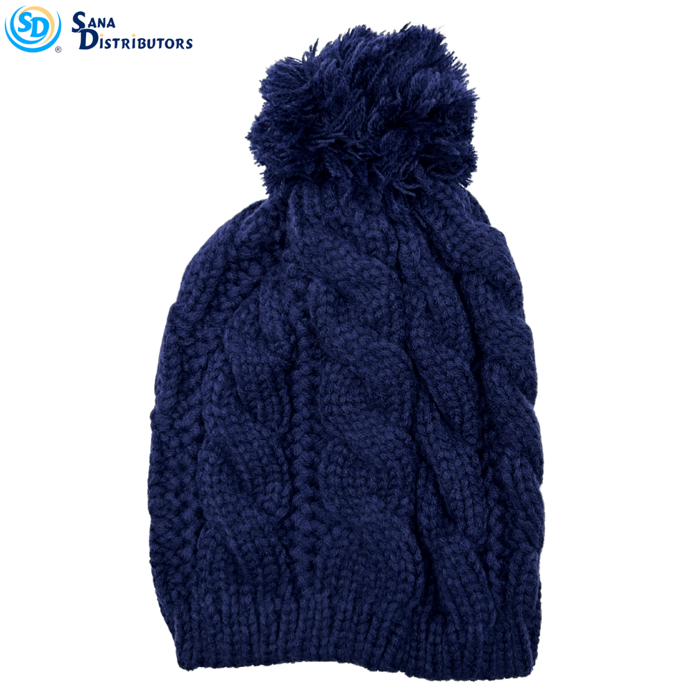 Ladies Hat W/ Pompom – Cable Knit – Assorted Colours
