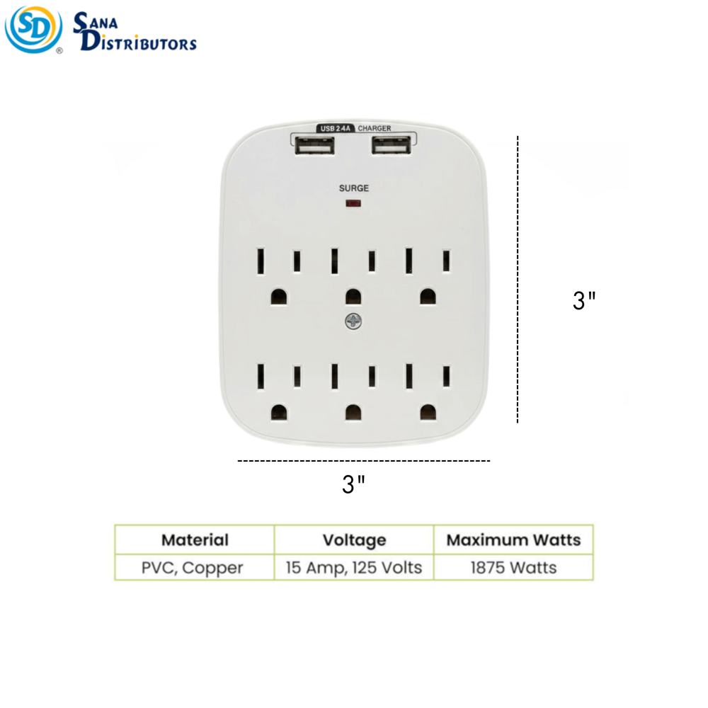 Sd Wall Tap with Dual USB 6 Outlet Max 2.4a
