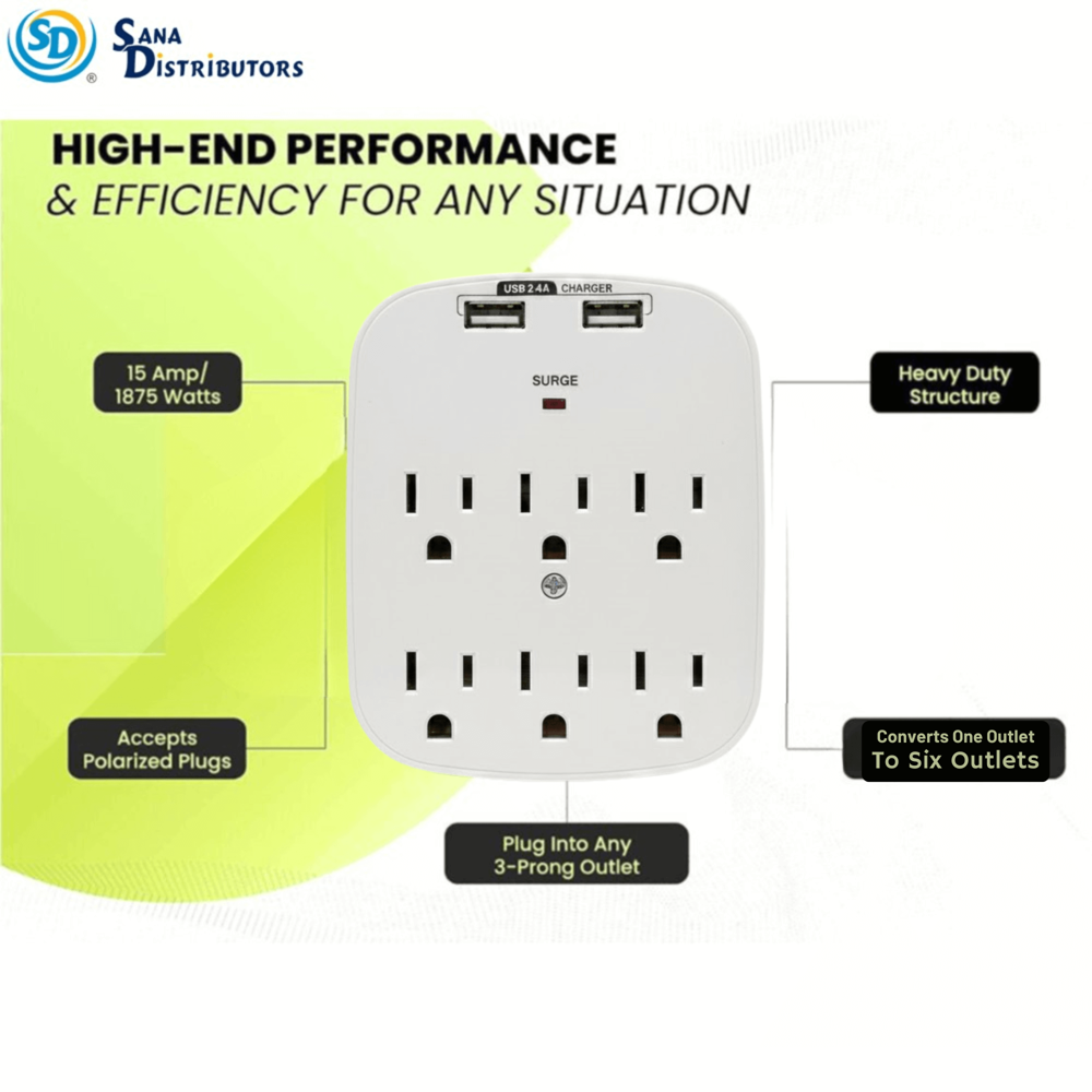 Sd Wall Tap with Dual USB 6 Outlet Max 2.4a