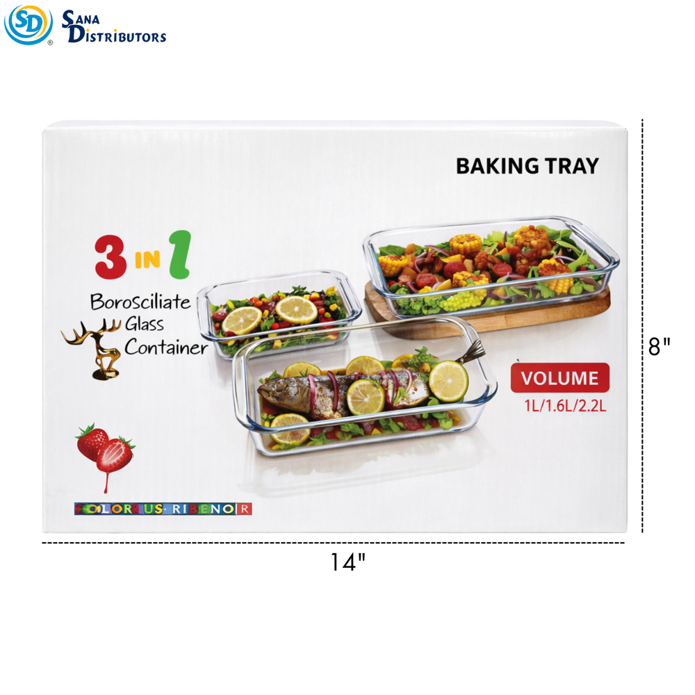 Glass Tray 3pcs 9"x10"x11"