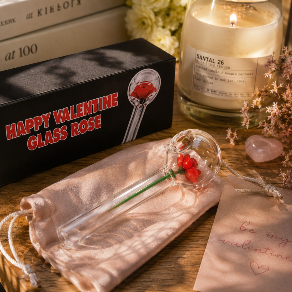 Happy Valentine Glass Rose Pipe 4.25"x1"-0.9MM Each ($14.16 for 24pcs)