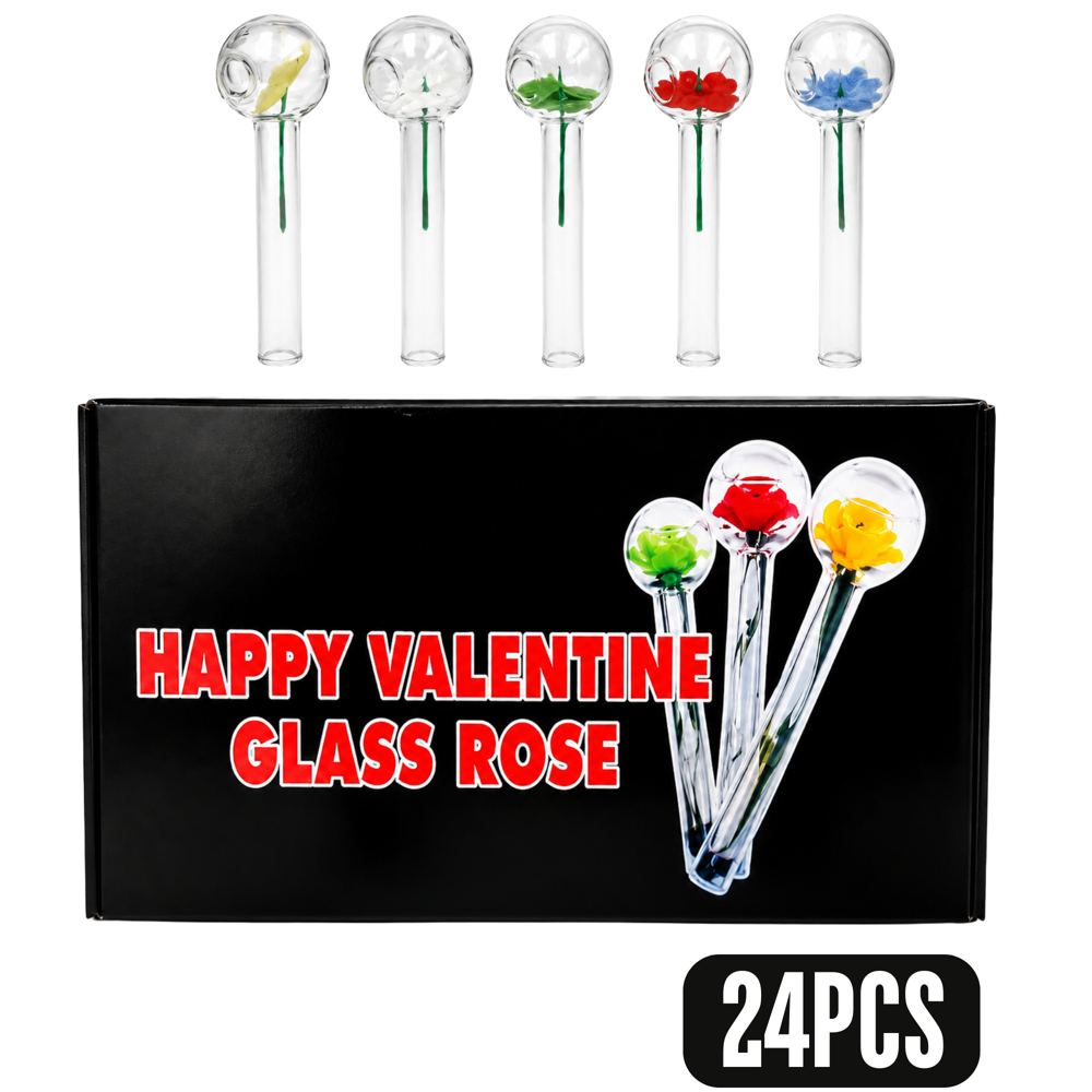 Happy Valentine Glass Rose Pipe 4.25"x1"-0.9MM Each ($14.16 for 24pcs)