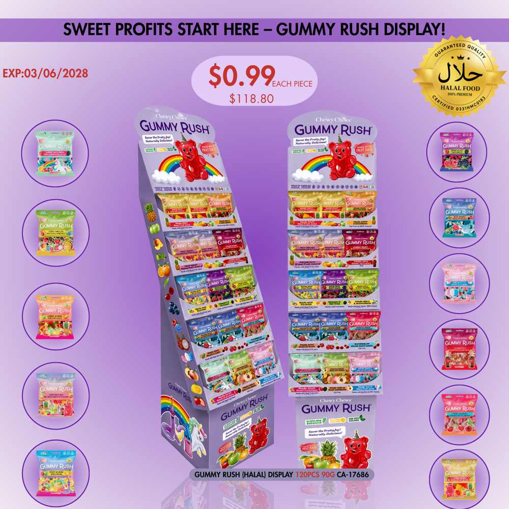 Gummy Rush (Halal) Display 120pcs 90 g ($1.19 per Unit) [exp:03/06/2028]