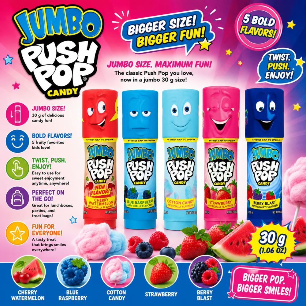 Jumbo Push Pop Candy 30 g 18pcs ($1.75 per Unit) [Exp: 12/2027]