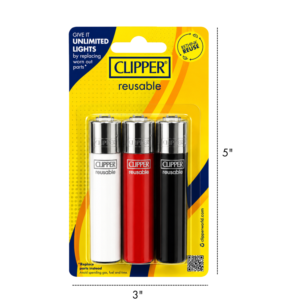 Clipper Reusable Classic Large Flint Lighter 3pcs Assorted