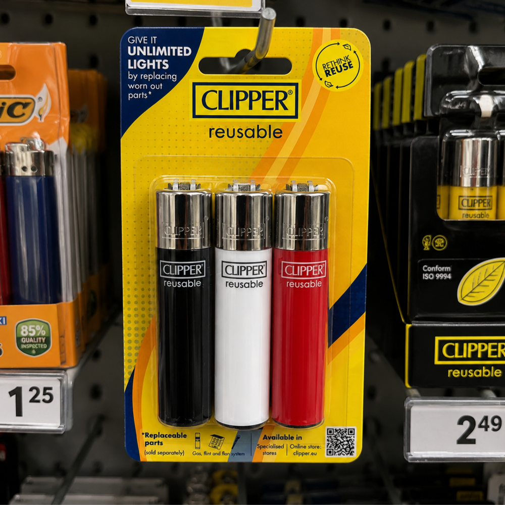 Clipper Reusable Classic Large Flint Lighter 3pcs Assorted