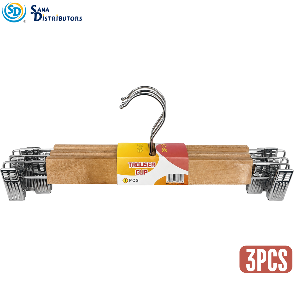 Wooden Clothes Hanger W/ Metal Clip 3pcs 13"