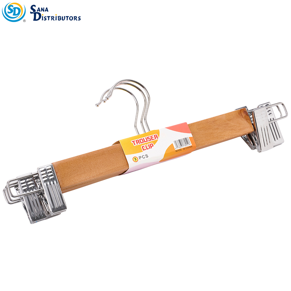 Wooden Clothes Hanger W/ Metal Clip 3pcs 13"