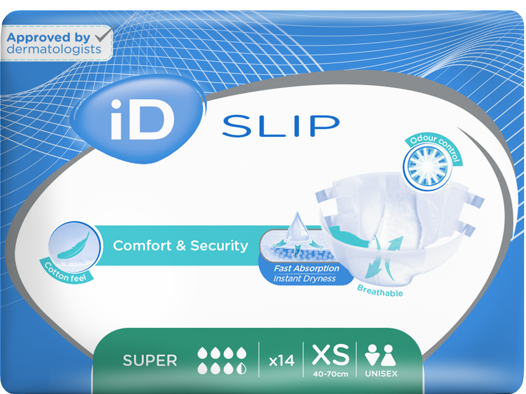 CS/12 (14/PKG) ID SLIP SUPER, X-SMALL, (16"-28"), 1550 ML ABSORBENCY.