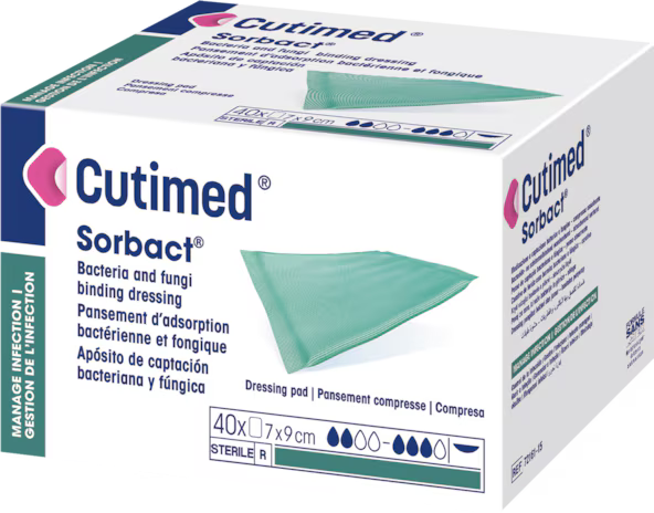 BX/40 CUTIMED SORBACT ANTIMICROBIAL PAD W/BACTERIA BINDING ACTION 7CM X 9CM