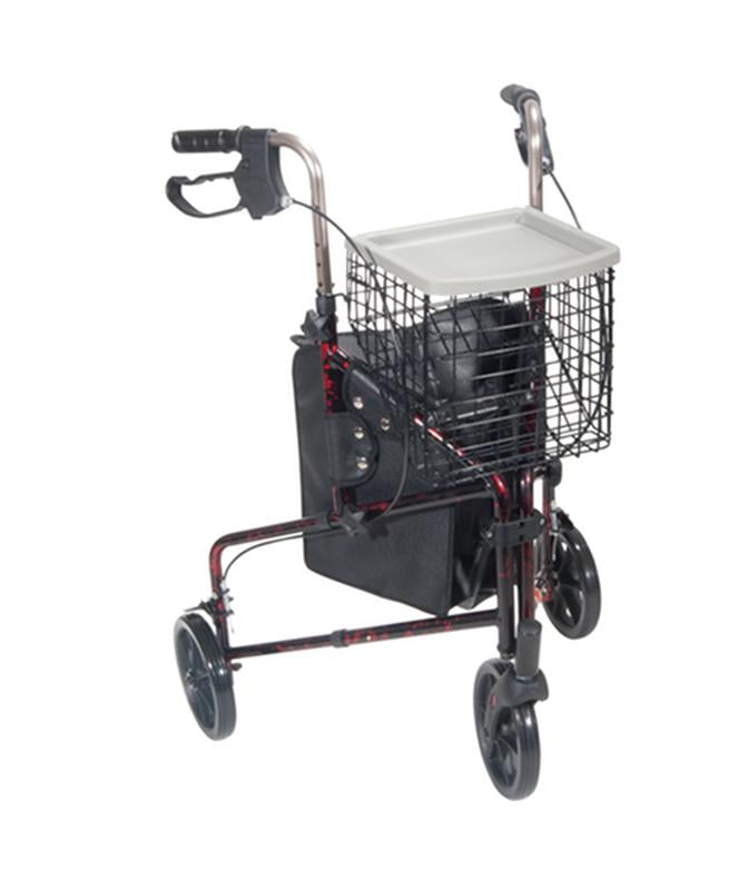 3 Wheel Rollator Rolling Walker with Basket Tray and Pouch, Flame Red - 1 Each