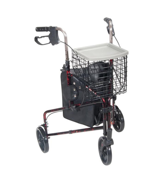 3 Wheel Rollator Rolling Walker with Basket Tray and Pouch, Flame Red - 1 Each