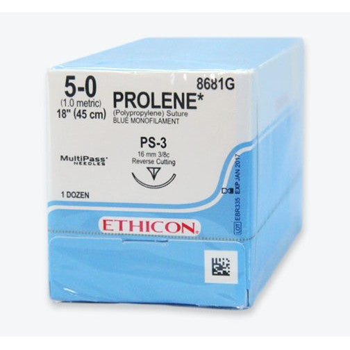BX/12  SUTURE PROLENE/SURGILENE/SURGIPRO 8681/SP1681 PS-3/P-11/PRE-3/SBE-3 5-0 18in BL