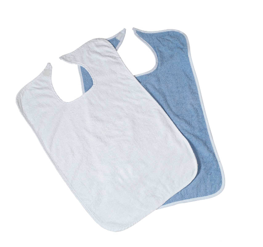 (CS/2) PK/12  TERRY CLOTH BIBS, BLUE, VELCRO CLOSURE